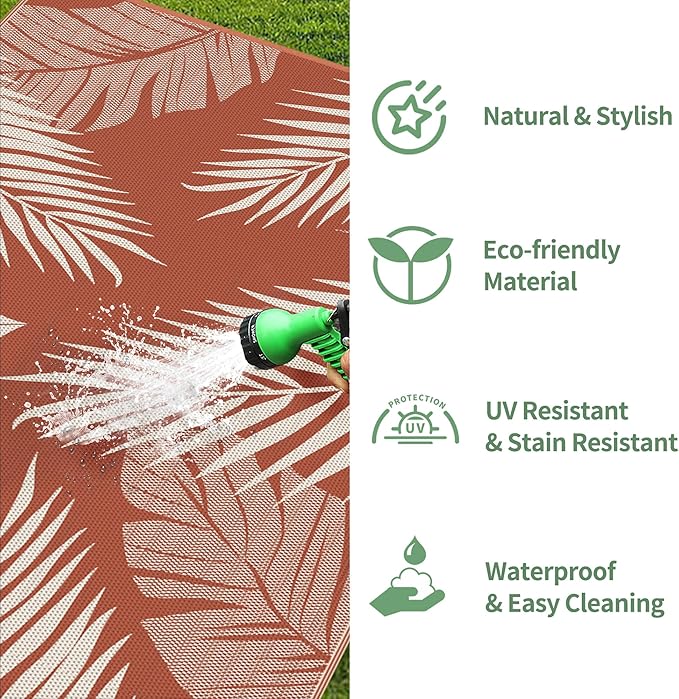 GENIMO Outdoor Rug, Waterproof Plastic Rugs for Patio, 5'x8' Brick Red | Outside Larger Leaf Carpet Mat for Porch Decor, Deck, Balcony, Camping, RV, Backyard, Picnic, Beach, Reversible, Foldable