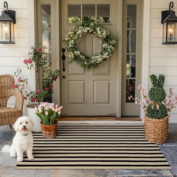 KIMODE Black and Khaki Striped Outdoor Rug 3'x 5', Washable Reversible Fall Outdoor Patio Rugs, Cotton Hand-Woven Farmhouse Welcome Layered Door Mats for Front Door, Entryway, Porch Decor
