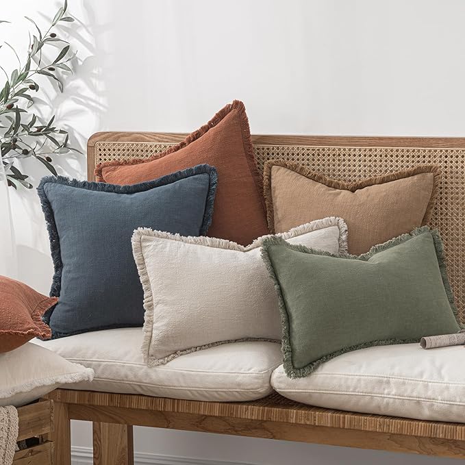 MIULEE Decorative Throw Pillow Covers Neutral Linen Fringe Throw Pillows Euro Shams Set of 2 Natural Beige Boho Farmhouse Cushion Covers for Couch Sofa Bed Living Room Spring Home Decor 24x24 Inch