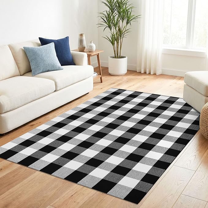 KILOCOCO Buffalo Plaid Checkered Rug 4x6 ft Black White Front Door Rug | Machine Washable Front Porch Rug, Outdoor Rugs, Indoor Living Room Rug, Cotton Low Pile Rugs for Kitchen Patio Dining Room