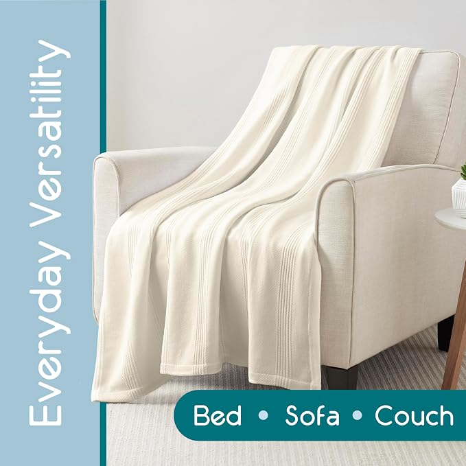 Vellux 100% Cotton Blanket, Twin, 66x90, Ivory | Soft, Breathable Knit, Lightweight, All Season, Machine Washable, Oeko-Tex Certified, Hotel Quality
