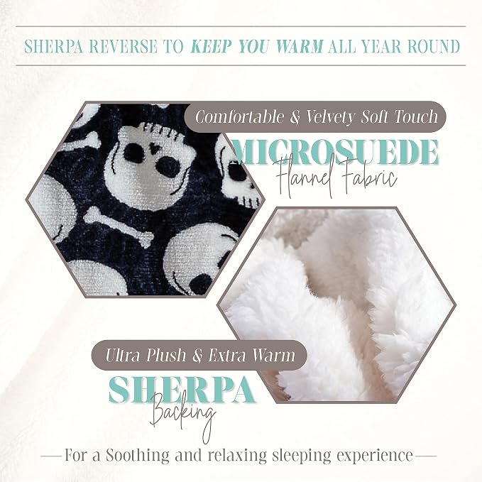 Elegant Comfort Throw Blanket, Reversible Sherpa Flannel, Ultra-Soft, Fuzzy, Cozy and Plush- All Season Lightweight Decorative Throw, 50 x 60 inches, Skulls and Bones Sherpa Throw