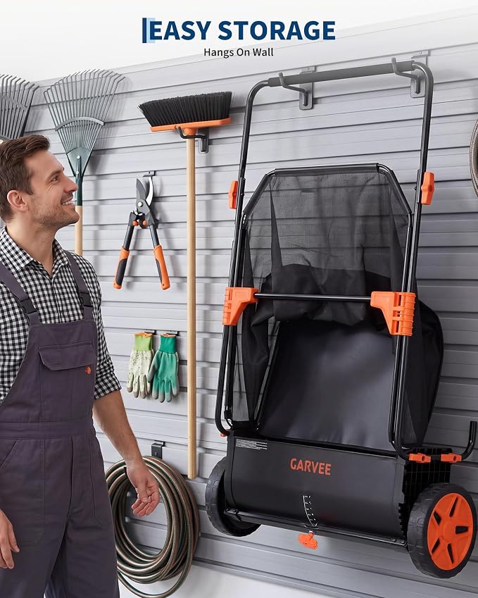 26 Inch Push Lawn Sweeper with Large 7 cu ft Collection Bag, Heavy Duty | Steel Frame, 10" Rubber Wheels, 4 Spinning Brushes, Manual Height Adjustment for Leaves Grass and Yard Debris, Black Orange