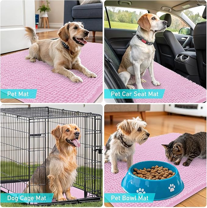 OLANLY Dog Door Mat for Muddy Paws 35x24, Absorbs Moisture and Dirt, Absorbent Non-Slip Washable Doormat, Quick Dry Chenille Mud Mat for Dogs, Entry Indoor Entryway Carpet for Inside Floor, Pink