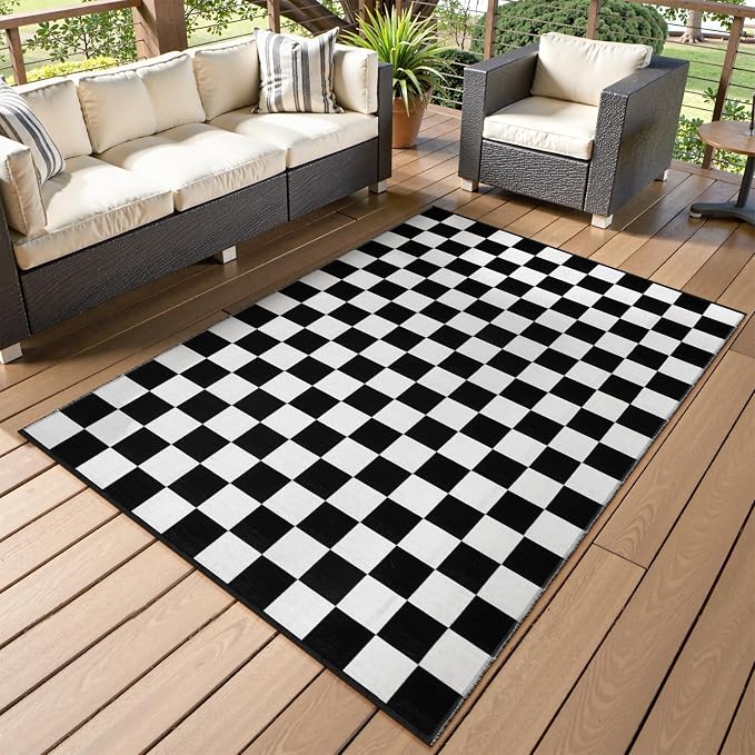 Seavish Washable 4x6 Ft Black and White Checkered Outdoor Porch Rug | Cotton Woven Checkerboard Rug, Low Pile Foldable Floor Cover Indoor Carpet for Living Room Bedroom Dining Room Patio