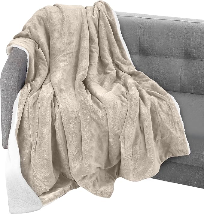 Elegant Comfort Throw Blanket, Reversible Sherpa Flannel, Ultra-Soft, Fuzzy, Cozy and Plush- All Season Lightweight Decorative Throw, 50 x 60 inches, Solid Sherpa Throw, Cream