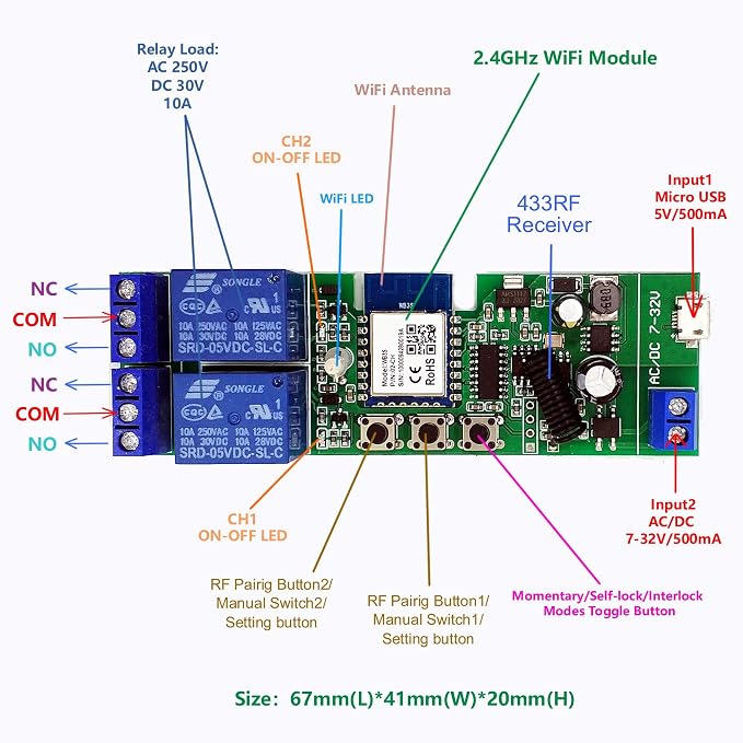 2 channelsWiFi Wireless Smart Switch Inching Self-locking Relay Module, be applied to access control Tuya SmartLife APP,DIY WIFI Garage Door Opener With 433 MHz RF remote control