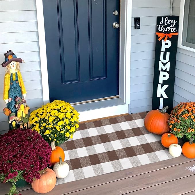 KIMODE Fall Decor Front Door Mat Buffalo Plaid Outdoor Rug 27.5"x43" Brown and White Checkered Rug Farmhouse Fall Thanksgiving Front Porch Rug Washable Cotton Layered Doormats Autumn Mats