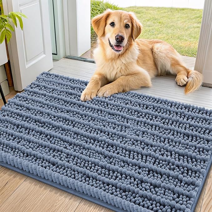 Smiry Dog Door Mat for Muddy Paws 34x21, Absorbent Dirt Trapper, Non-Slip Washable Chenille Entryway Rug for Inside Floor, Airy Blue, Layered Pattern