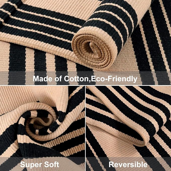 LEEVAN 4'X6' Black and Tan Striped Woven Cotton Reversible Outdoor Rug | Machine Washable Front Porch Rug, Entryway Door Mat, Indoor Layering Carpet for Balcony Farmhouse Laundry Patio