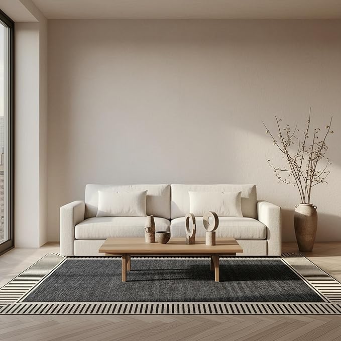 Nuloom Asha Dark Grey/Ivory, 6'7" x 9', Casual, Striped Border, Soft and Cozy, High Traffic, Stain Resistant, Easy Clean, Durable Area Rug for Indoor/Outdoor Patio, Deck, Porch, Garden, Courtyard