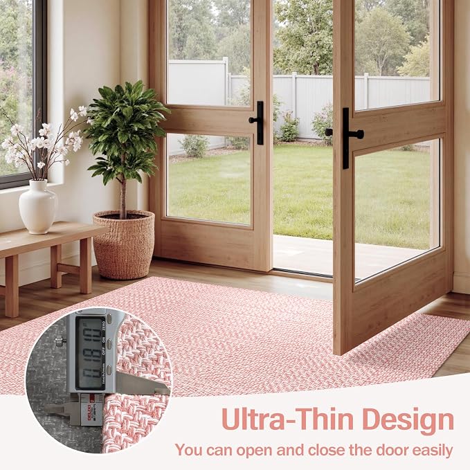 Rugalia Washable Woven Indoor Outdoor Runner Rug 2x6, Pink Cotton Rug Runners for Hallway Non-Slip Long Kitchen Mat, Modern Natural Throw Runner Carpet for Entry Porch Laundry Patio