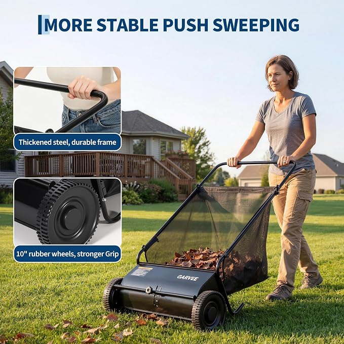 Garvee 26 Inch Push Lawn Sweeper, Walk Behind Leaf Grass Collector with 7 Cu ft Hopper Bag, Carbon Steel Frame, Yard Sweeper with Adjustable Brush Height for Garden Patio Driveway Leaves Cleanup | 7 Cu ft Hopper Bag, Carbon Steel Frame, Yard Sweeper wi...