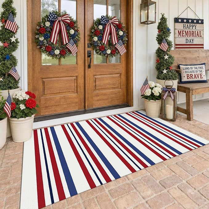 KOZYFLY 250th Anniversary Patriotic Doormat Blue Red White Striped Rug 4x6 ft Front Door Rugs 4th of July Memorial Day Woven Washable Outdoor Rug for Front Porch Farmhouse Patio Independence Day Decor