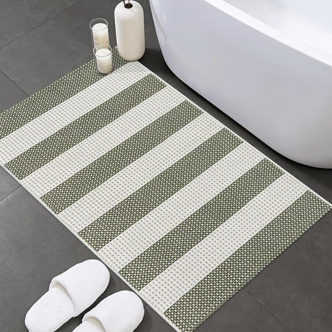 Green and White Striped Rug-2x3 Front Door Mat Outdoor,Washable Reversible Porch Rug Cotton Hand-Woven Spring Doormat, Foldable Layered Door Mats for Entryway/Farmhouse