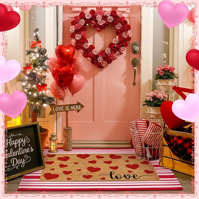 Moucuny 2 Pcs Valentine's Day Coir Welcome Doormat Outdoor Valentine's Day Love Heart Rug Layered Red and White Stripe Mat Red Heart Mat for Front Porch Outdoor Entryway