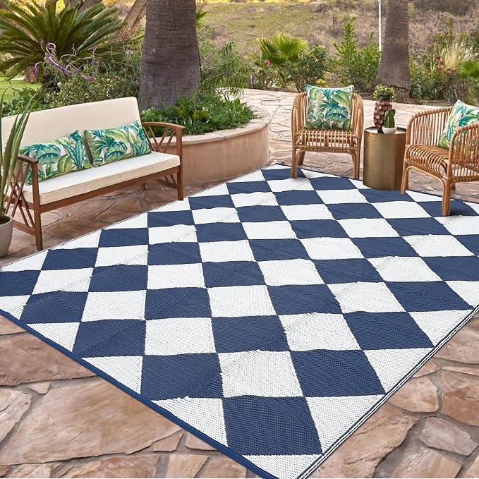 GarveeLife 9x18 Outdoor Rug for Patio Reversible, Plastic Straw Rug Waterproof Camping Rug Portable, Foldable Lightweight Mat for RV, Patio, Backyard, Deck, Picnic, Beach (Dark Blue/White)