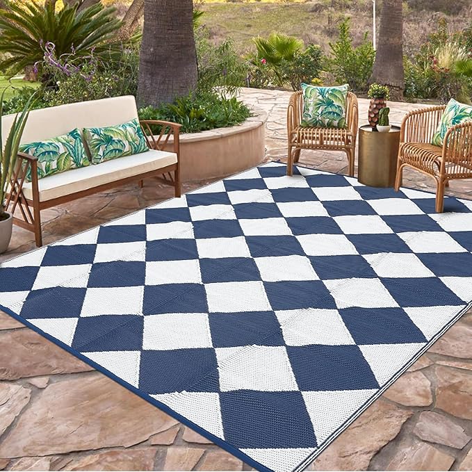 GarveeLife 8x10 Outdoor Rug for Patio Reversible, Plastic Straw Rug Waterproof Camping Rug Portable, Foldable Lightweight Mat for RV, Patio, Backyard, Deck, Picnic, Beach (Dark Blue/White)