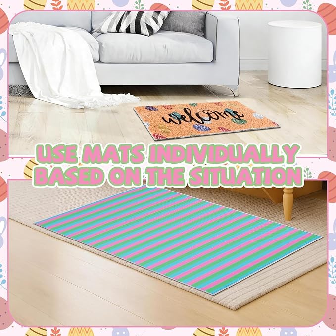2 Pcs Easter Doormat Outdoor Entrance Colorful Eggs Welcome Door Mat Non Slip Coir Mats Floor Striped Doormat Layering Mat Seasonal for Easter Indoor Front Porch Entryway Decor 23.6 x 31.5 Inch