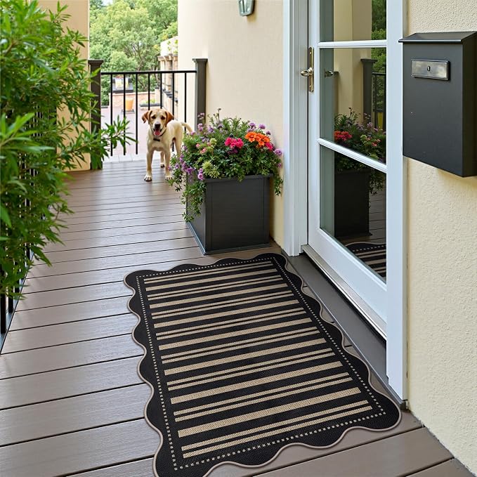 Striped Easy Jute Front Door Mat, 2.6x4 Washable Entryway Rug Non Slip Small Kitchen Rug, Farmhouse Low Pile Floor Scalloped Rugs for Bathroom Porch Doorway