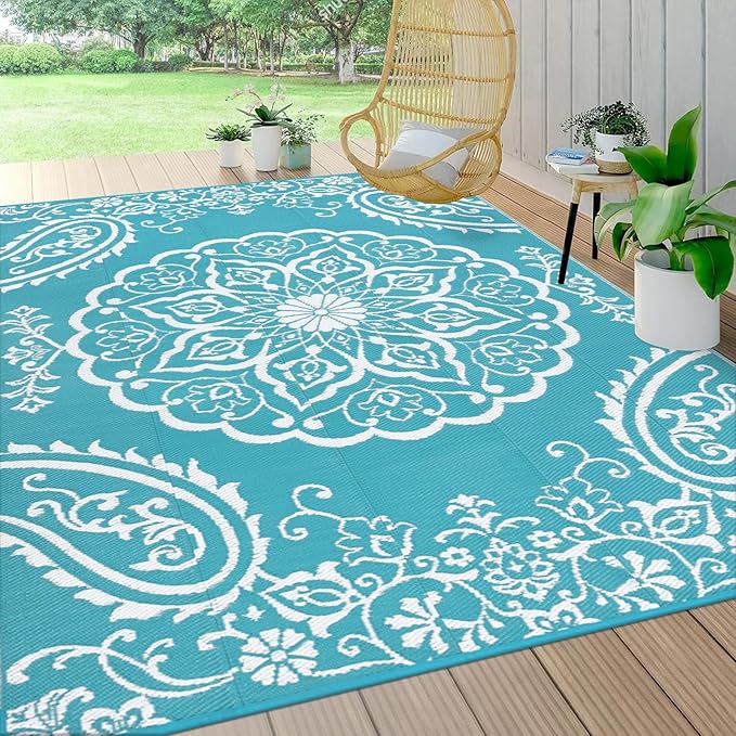 Pauwer Outdoor Rug 10x14, Waterproof Plastic Straw Camping Rug, Boho Teal | Reversible Patio Rug, UV Resistant Indoor Outdoor RV Mat Carpet For Deck, Camper, Porch, Balcony, Backyard, Picnic, Foldable