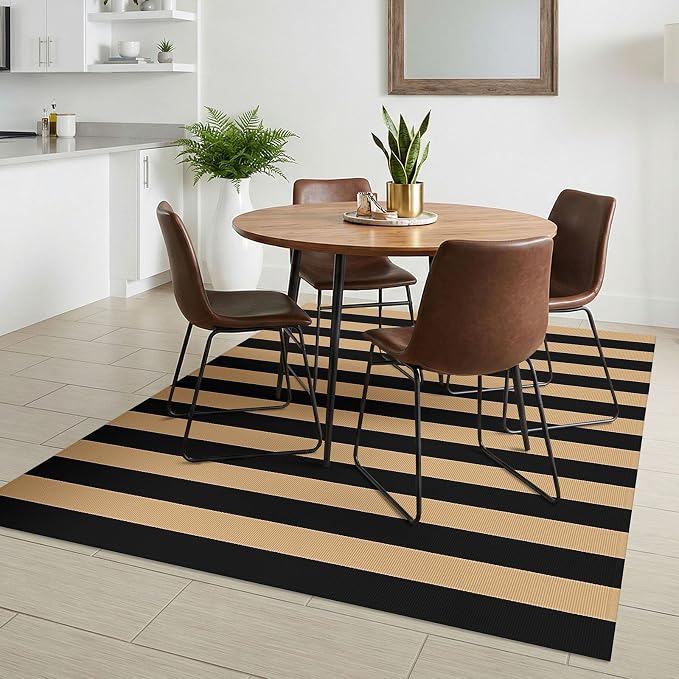 KILOCOCO Striped Rug 4x6 ft Washable Front Door Outdoor Rug, Brown Black | Cotton Front Porch Rug, Woven Living Room Rug, Low Pile Mat for Entryway, Layered Farmhouse Kitchen Patio Carpet