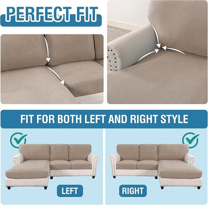 H.VERSAILTEX Sectional Couch Covers 6 Pieces Stretch Sofa Covers for Sectional Sofa Set Separate L Shaped Couch Cover for Both Left/Right Couch (Seat and Back: 1 Chaise + 2 Sofa, Sand)