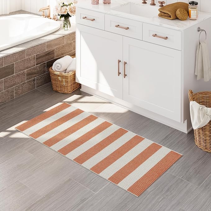 OJIA Front Door Rug 24"x51" Outdoor Door Mat Striped Porch Rug Fall Decor | Washable Front Door Mat Outside Entrance Small Area Rug Cotton Woven Carpet for Porch Kitchen Entryway Patio Orange/White