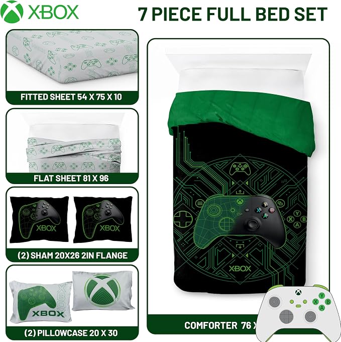 Jay Franco Kids Comforter Set Includes Sheets and Pillow Covers - Soft and Cozy Bed Set for Stylish Room Decor, Official Licensed Product, White - Xbox, 7 Piece Full