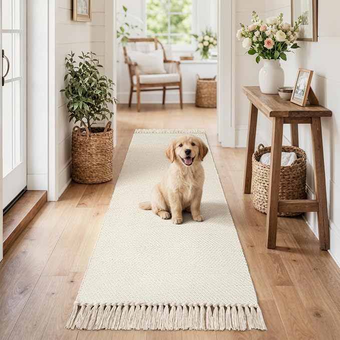 Collive 2' x 6' Kitchen Runner Rug, Modern Farmhouse Washable Bathroom Mat, Boho Hand-Woven Hallway Runner Rugs White Reversible Bedroom Carpet for Laundry Entryway Home Decor