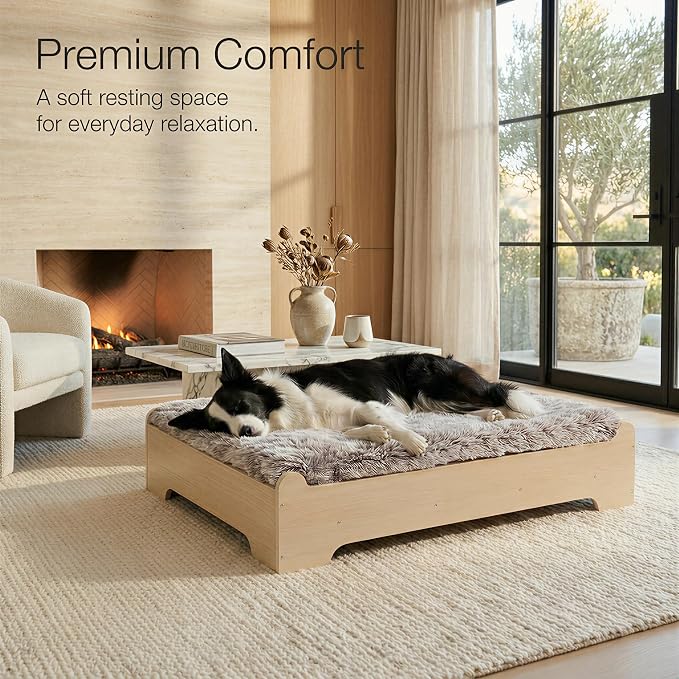 Elevated Wooden Dog Bed with Foam Mattress, Natural Wood, Large | Raised Dog Bed with Washable Cover and Supportive Foam Mattress, Crafted for Large Dogs and Modern Homes