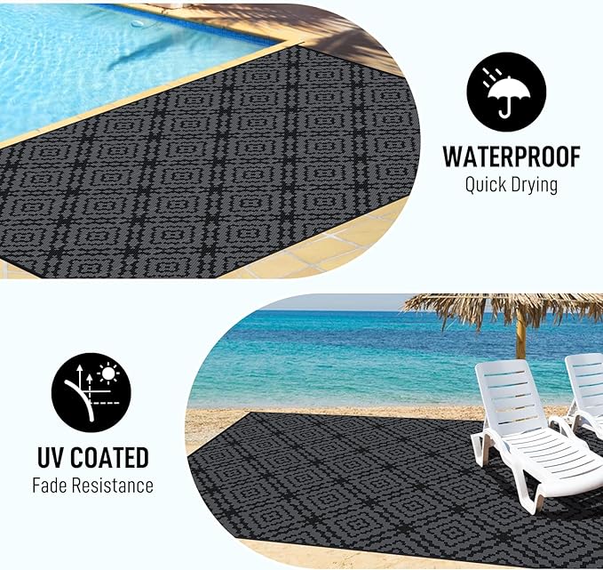 GOTGELIF Outdoor Camping Rug Waterproof 9x18FT, Large Reversible Stain&UV Resistant Plastic Straw RV Rug for Outside Patio Pool Deck Beach Indoor, Area Carpet Mat with Portable Bag&4 Stakes-Black Grey