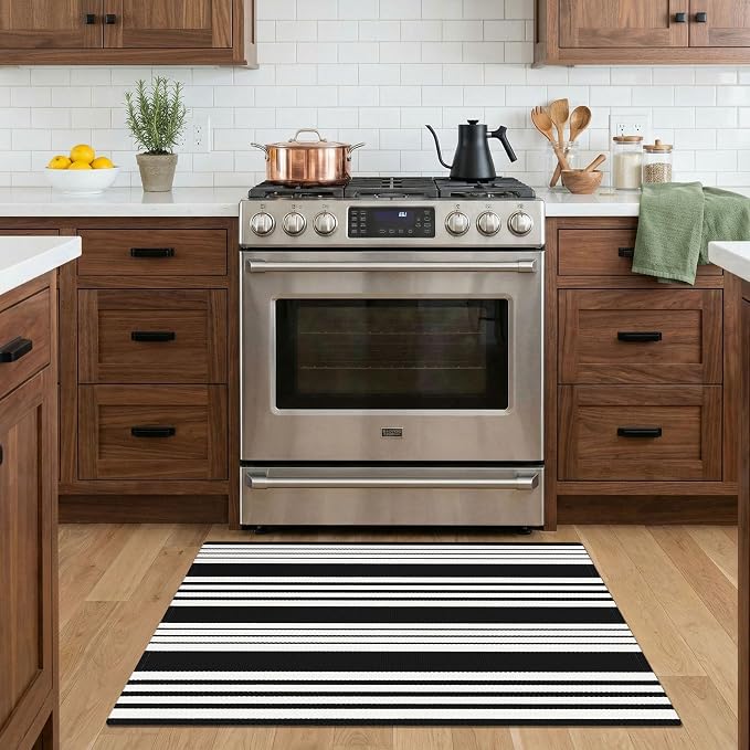 KOZYFLY Striped Rug 2x3 ft Black White Stripes Doormat Cotton Woven Washable Indoor Outdoor Rug Front Door Mat for Entryway Porch Kitchen Patio Decor Small Area Rugs