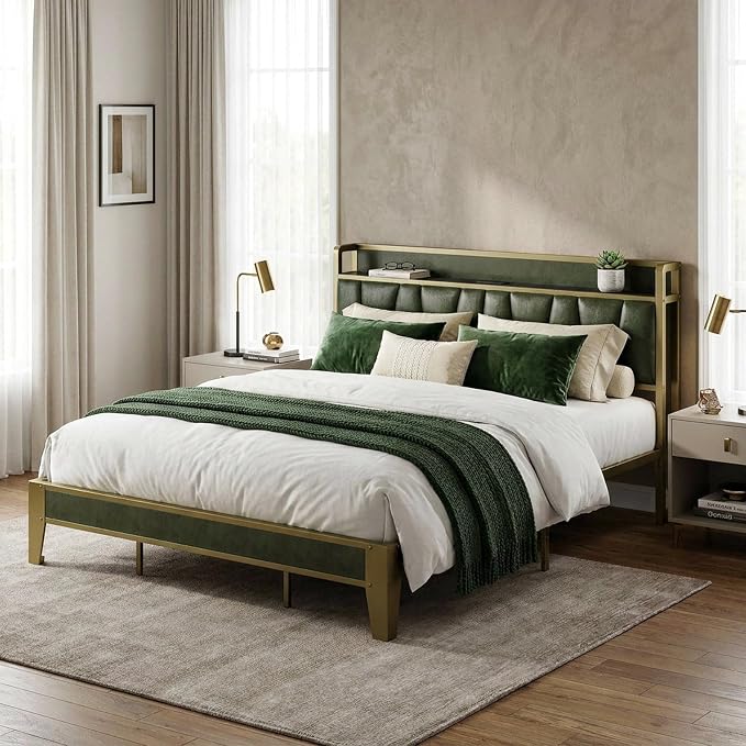 LIKIMIO King Bed Frame, Storage Headboard with Charging Station, Solid and Stable, Noise Free, No Box Spring Needed, Easy Assembly (Dark Green)