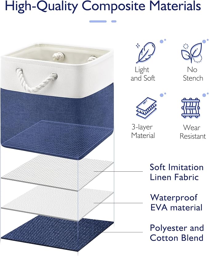 Patvingot 11-Inch Fabric Cube Storage Bins with Handles,6 Pack,Foldable | For cube shelves and closets,keeps grouped for everyday access,reinforced opening and fold-flat storage,white and blue