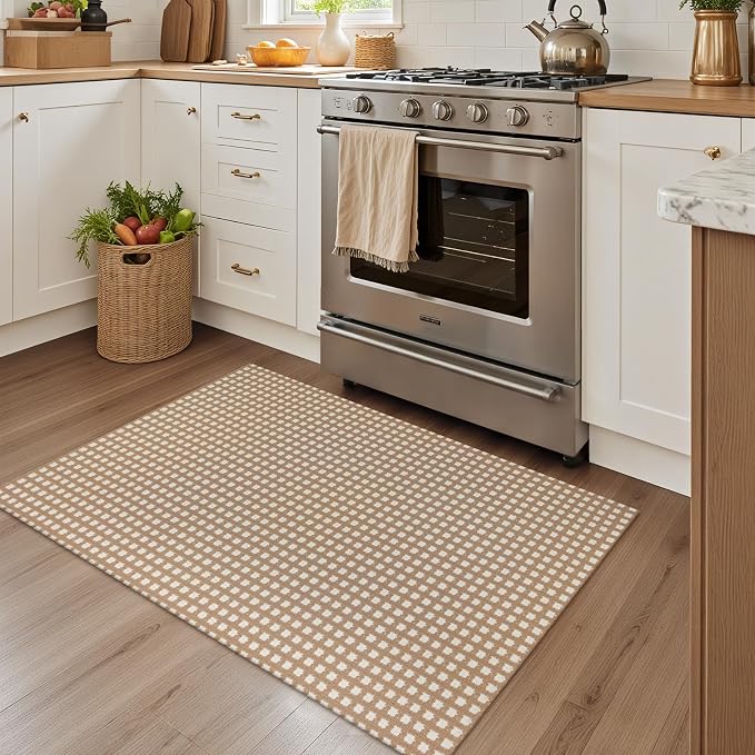 Rugalia Washable Woven Indoor Outdoor Doormat, 2x3 Camel Cotton Small Entryway Rug Low Pile Non-Slip Kitchen Rug, Modern Plaid Throw Carpet for Porch Bathroom Entrance Bedroom