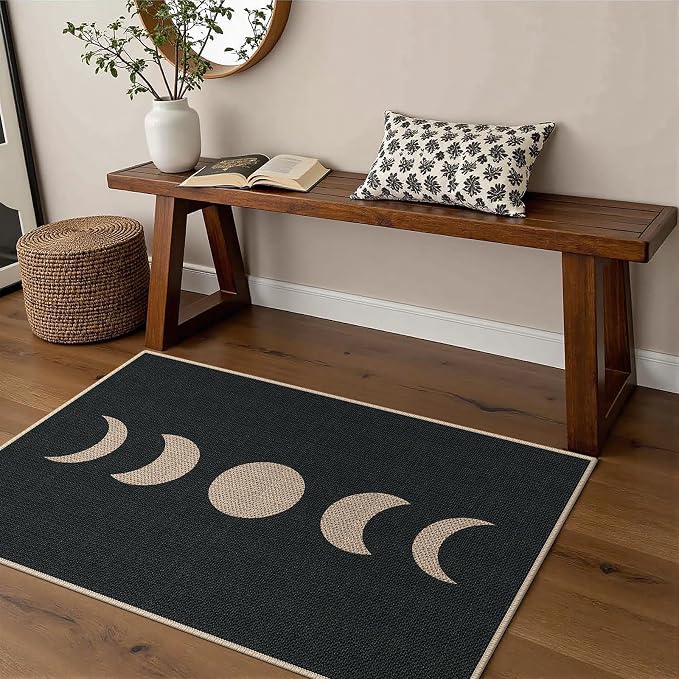 Easy Jute 2x3 Black Moon Area Rug,Washable Entryway Rug, Small Modern Door Carpet,Neutral Non-Slip Outdoor Indoor Farmhouse Rug for Kitchen Patio Entry Porch