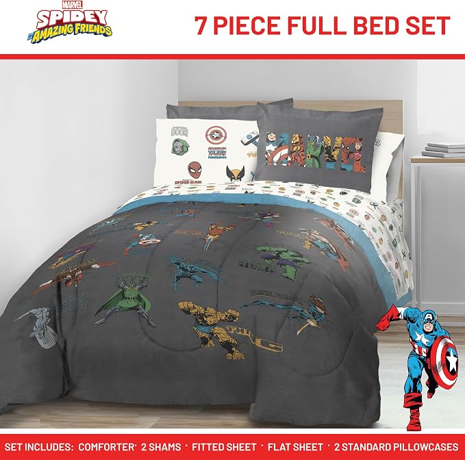 Marvel Comics Avengers Full Size Comforter Set 7 Piece Bedding, Gray | Hulk Captain America, Comforter Sheets Shams Pillowcases, Official Product, Microfiber, Machine Washable, Boys Gift