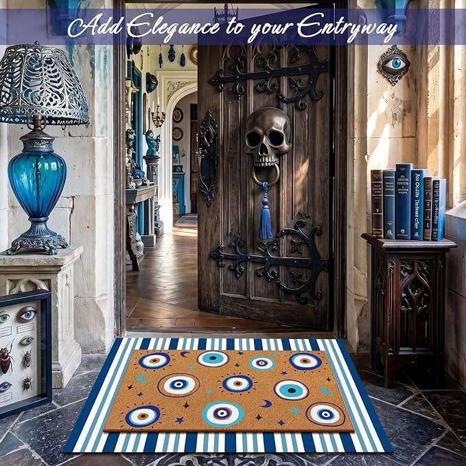 Tinideya 2 Pcs Blue Evil Eye Layered Doormat Set, Boho Evil Eye Doormat with Blue White Striped Rug, Mediterranean Porch Decor for Entryway Patio Outdoor
