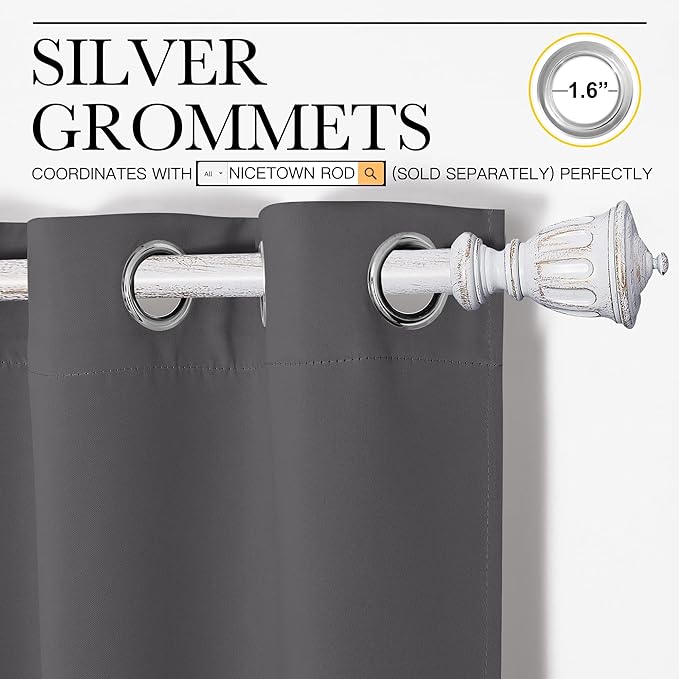 NICETOWN Bedroom Curtains Blackout Drapery Panels, Three Pass Microfiber Thermal Insulated Solid Ring Top Blackout Window Curtains/Drapes (Two Panels, 42 x 48 inches, Gray)