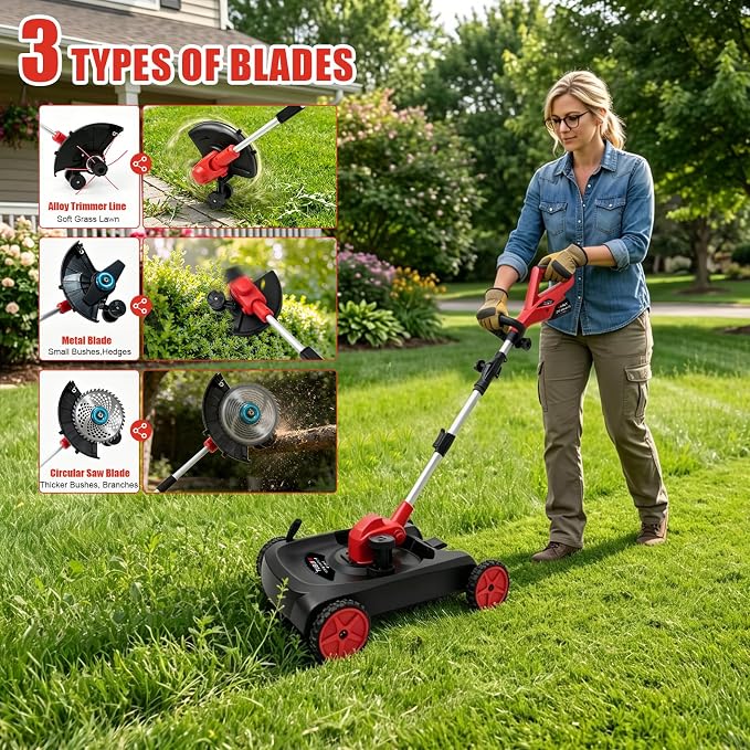 4-in-1 Cordless Lawn Mower, Weed Eater and Edger Combo, Adjustable Height & Angle, Electric String Trimmer with Wheels Grass Trimmer for Garden Yard (2x4.0Ah Battery & Charger Included)