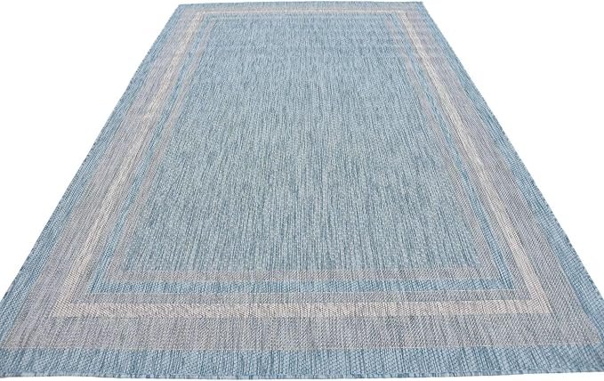 Unique Loom Outdoor Border Collection Area Rug - Soft Border (6' 1" x 9' Rectangle, Aquamarine/ Ivory)
