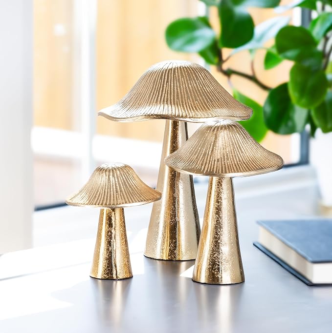 Abbott Collection Small Ribbed Mushroom | Burnished Gold Finish, Handcrafted in India, Aluminum, Gold, 4"H