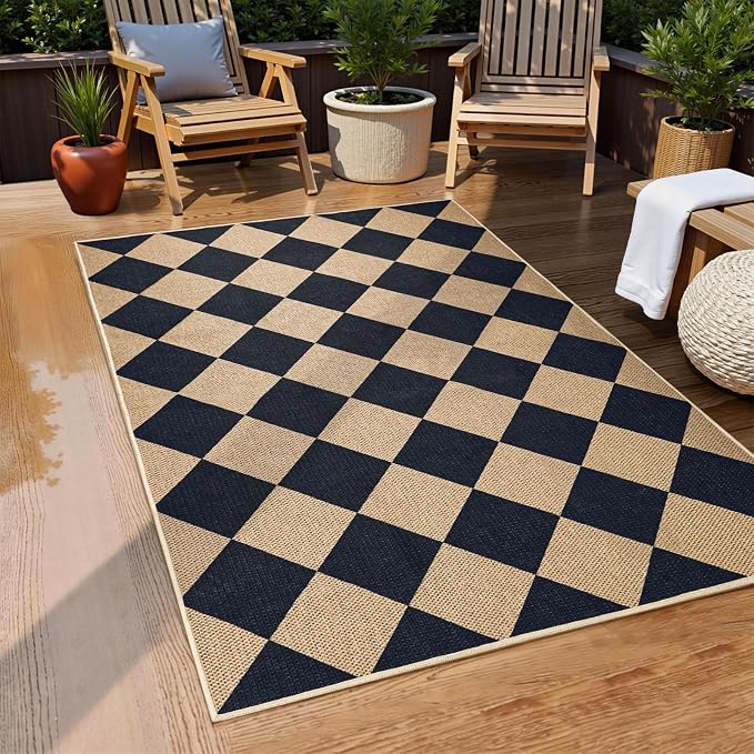 EDIMENS 3x5 Outdoor Rugs Easy Jute Checkered Front Door Mat Entryway Rug | Black Washable Non Slip Indoor Outdoor Rug Farmhouse Neutral Living Room Carpet for Backyard Porch Balcony Patio