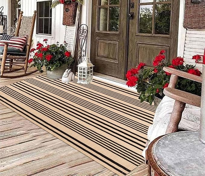 BUAGETUP Outdoor Rug 3'x 5',Tan Striped Washable Area Rug Hand-Woven Cotton Rug Indoor/Outdoor Area Rug Floor Mat for Farmhouse Living Room Bedroom