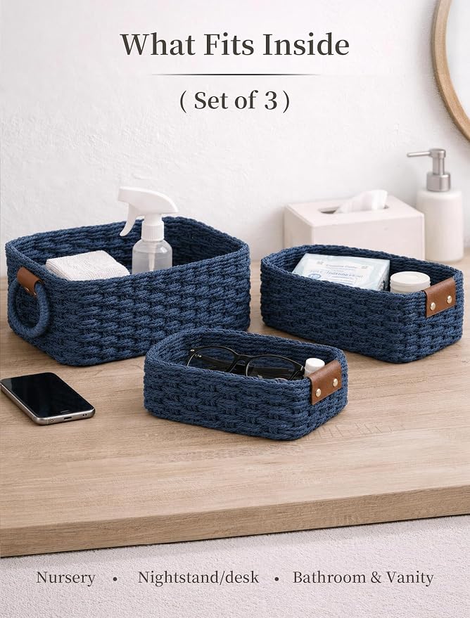 Small Wicker Baskets, 3 PCS Paper Rope Baskets for Shelves, Blue | Recycled Small Baskets, 3 Sizes Woven Baskets for Organizing, Decorative Storage Baskets for Bedroom and Bathroom