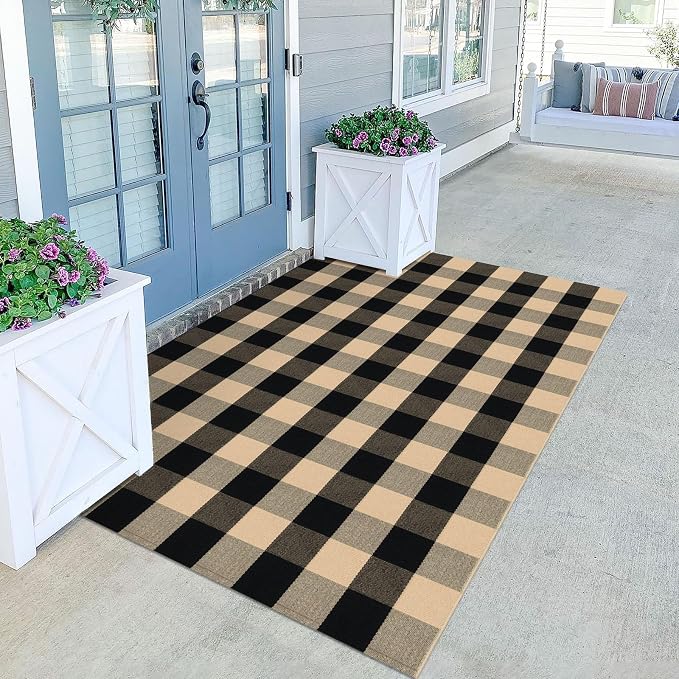 KILOCOCO Buffalo Plaid Checkered Rug 4x6 ft Front Door Rug, Brown and Black | Machine Washable Front Porch Rug, Outdoor Indoor Living Room Rug, Cotton Low Pile Rugs for Kitchen Patio Dining Room