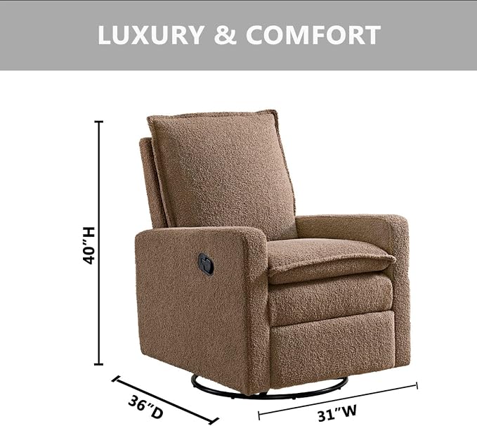 Oxford Baby Uptown Upholstered Glider Recliner Rocking Chair 360° Swivel for Nursery and Living Room - Teddy Brown, Green Guard Gold Certified