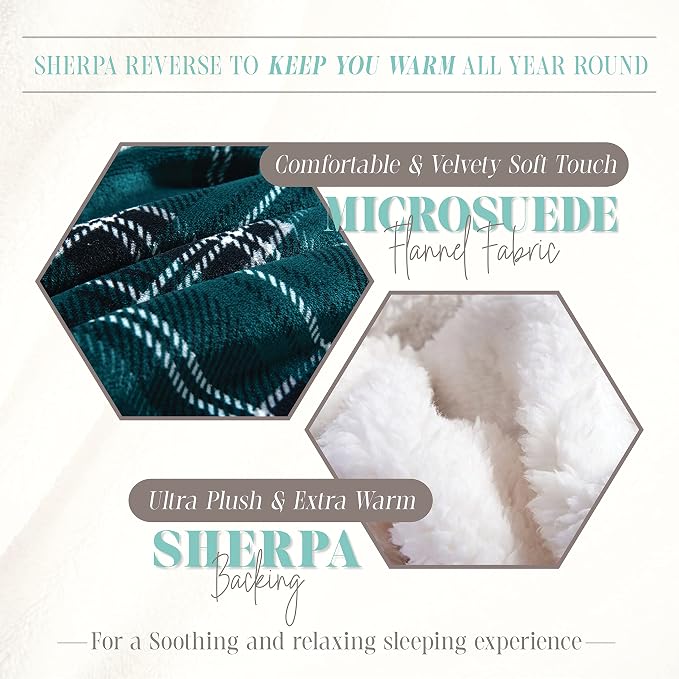 Elegant Comfort Throw Blanket, Reversible Sherpa Flannel, Ultra-Soft, Fuzzy, Cozy and Plush- All Season Lightweight Decorative Throw, 50 x 60 inches, Plaid Design Sherpa Throw, Green