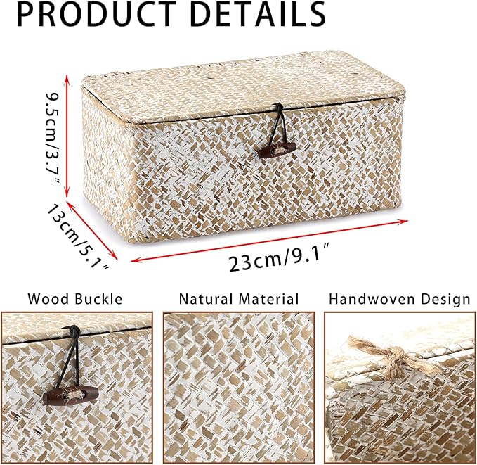 Hipiwe Wicker Shelf Baskets with Lid, X-Small Woven Seagrass Basket Bin | Rectangular Storage Baskets Household Basket Boxes for Shelf Home Organizer and Decor, Whitewash